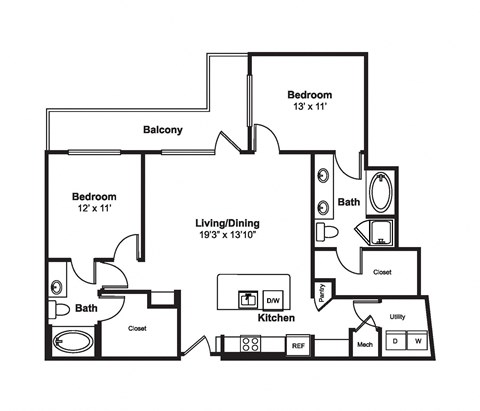 Floor plan for 2 beds, 2 baths, 1184 sqft